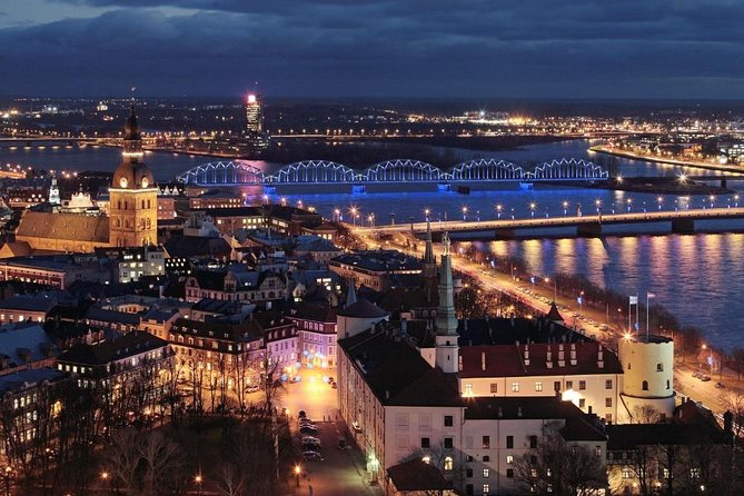 Riga Old Town and the Daugava bridges at dusk